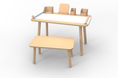 Growing Table aus Buche mit Papierrolle und Hocker für Kinderzimmer.